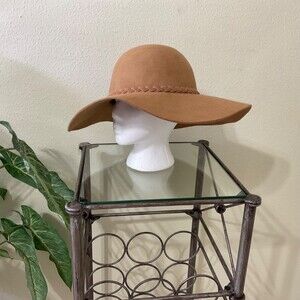 Aldo 100 % Wool Floppy size Large Brim Hat with Feather Brown braided trim